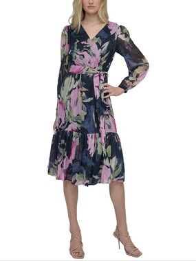 DKNY Floral V-neck Long Sleeve Midi Fit & Flare A-Line Dress Size 14